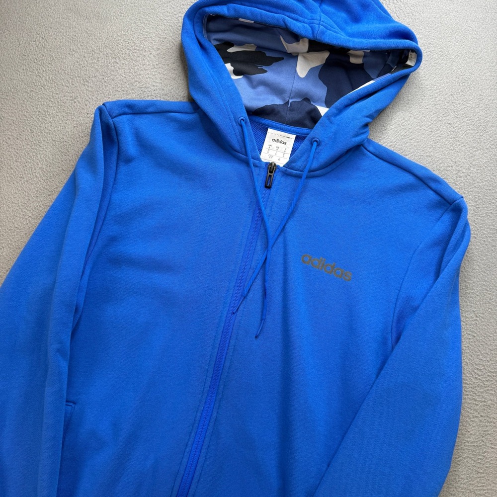 Adidas Full Zip Hoodie Mens Small Blue Cotton Blend Camo Hood Activewear Jacket